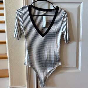 NWT Wasabi + Mint Black and Ivory Striped V-Neck Bodysuit
